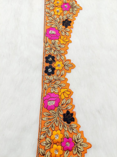 Art Silk Hand Embroidered Cutwork Lace Trim In Gold Floral Embroidery, Sari Border, Trim by Yard